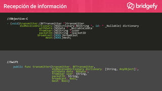Recepción de información
//Objective-C
- (void)transmitter:(BFTransmitter *)transmitter
didReceiveDictionary:(NSDictionary<NSString *, id> * _Nullable) dictionary
withData:(NSData * _Nullable)data
fromUser:(NSString *)user
packetID:(NSString *)packetID
broadcast:(BOOL)broadcast
mesh:(BOOL)mesh;
//Swift
public func transmitter(transmitter: BFTransmitter,
didReceiveDictionary dictionary: [String, AnyObject]?,
withData data: NSData?,
fromUser user: String,
packetID: String,
broadcast: Bool,
mesh: Bool)
 