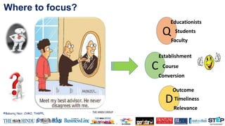 Where to focus?
Q
C
D
Outcome
Timeliness
Relevance
Establishment
Course
Conversion
Students
Faculty
Educationists
©Baburaj Nair, CHRO, THGPPL
 