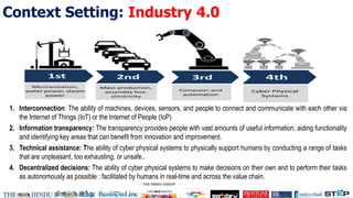 Context Setting: Industry 4.0
1. Interconnection: The ability of machines, devices, sensors, and people to connect and communicate with each other via
the Internet of Things (IoT) or the Internet of People (IoP)
2. Information transparency: The transparency provides people with vast amounts of useful information, aiding functionality
and identifying key areas that can benefit from innovation and improvement.
3. Technical assistance: The ability of cyber physical systems to physically support humans by conducting a range of tasks
that are unpleasant, too exhausting, or unsafe..
4. Decentralized decisions: The ability of cyber physical systems to make decisions on their own and to perform their tasks
as autonomously as possible : facilitated by humans in real-time and across the value chain.
 