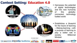 Context Setting: Education 4.0
 Harnesses the potential
of digital technologies
and the new humanity
of this globally-
connected, technology
fuelled world
 Establishes a blueprint
for the future of learning
– lifelong learning – with
a purpose of learning to
play a better role in
society: Millennial
Mindset
 