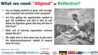 ©Baburaj Nair, CHRO, THGPPL
What we need: “Aligned” or Reflective?
 Are we helping students to grow with courage,
skill, character and conviction with a purpose?
 Are they getting the opportunities needed to
gain the confidence and skill to take on and
defeat the figurative giants that they will face in
their lives?
 What sort of learning organization nurtures
people like this?
 We might want to think about how to give them
the experiences/exposure needed to prepare
them for future
 