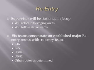 Re-EntrySupervisor will be stationed in JesupWill relocate to staging areasWill follow strike teamsSix teams concentrate on established major Re-entry routes with  re-entry teamsI-16I-95US 84US 82Other routes as determined 