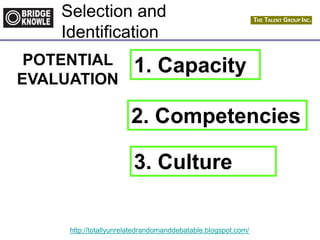 http://totallyunrelatedrandomanddebatable.blogspot.com/
Selection and
Identification
POTENTIAL
EVALUATION
1. Capacity
2. Competencies
3. Culture
 