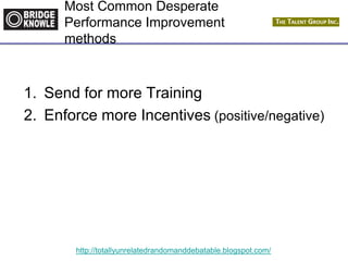 http://totallyunrelatedrandomanddebatable.blogspot.com/
Most Common Desperate
Performance Improvement
methods
1. Send for more Training
2. Enforce more Incentives (positive/negative)
 
