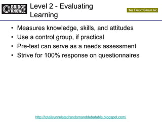 http://totallyunrelatedrandomanddebatable.blogspot.com/
Level 2 - Evaluating
Learning
• Measures knowledge, skills, and attitudes
• Use a control group, if practical
• Pre-test can serve as a needs assessment
• Strive for 100% response on questionnaires
 