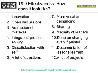 http://totallyunrelatedrandomanddebatable.blogspot.com/
T&D Effectiveness: How
does it look like?
1. Innovation
2. Open discussions
3. Admission of
mistakes
4. Integrated problem
solving
5. Dissatisfaction with
self
6. A lot of questions
7. More vocal and
demanding
8. Sharing
9. Maturity of leaders
10.Keep on changing
even if painful
11.Documentation of
lessons learned
12.A lot of projects
 