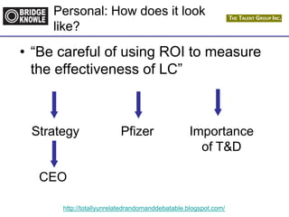 http://totallyunrelatedrandomanddebatable.blogspot.com/
Personal: How does it look
like?
• “Be careful of using ROI to measure
the effectiveness of LC”
Strategy
CEO
Pfizer Importance
of T&D
 