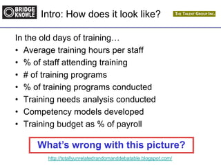 http://totallyunrelatedrandomanddebatable.blogspot.com/
Intro: How does it look like?
In the old days of training…
• Average training hours per staff
• % of staff attending training
• # of training programs
• % of training programs conducted
• Training needs analysis conducted
• Competency models developed
• Training budget as % of payroll
What’s wrong with this picture?
 