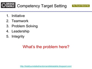 http://totallyunrelatedrandomanddebatable.blogspot.com/
Competency Target Setting
1. Initiative
2. Teamwork
3. Problem Solving
4. Leadership
5. Integrity
What’s the problem here?
 
