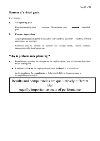Page 19 of 76
Sources of critical goals
2 key sources :-
1. The operating plan
Company operating plans Departmental plans Individual
goals
2. Customer expectations
All jobs produce results (either a product or a service) for a 'customer'. Therefore, customer
expectations are important.
Customers may be 'internal' or 'external' and includes clients, vendors, suppliers,
management, other departments, etc.
Why is performance planning ?
 In performance planning, the manager and the employee jointly plan performance objectives
for the coming year
 It addresses both what the employee is to achieve and how it is to be achieved
i.e. the results and the competencies or (behavioural skills) to be demonstrated in
accomplishing those results
Results and competencies are qualitatively different
But
equally important aspects of performance
 