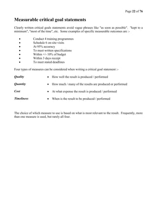 Page 22 of 76
Measurable critical goal statements
Clearly written critical goals statements avoid vague phrases like "as soon as possible". "kept to a
minimum", "most of the time", etc. Some examples of specific measurable outcomes are :-
 Conduct 4 training programmes
 Schedule 6 on-site visits
 At 95% accuracy
 To meet written specifications
 Within +/- 10% of budget
 Within 3 days receipt
 To meet stated deadlines
Four types of measures can be considered when writing a critical goal statement :-
Quality  How well the result is produced / performed
Quantity  How much / many of the results are produced or performed
Cost  At what expense the result is produced / performed
Timeliness  When is the result to be produced / performed
The choice of which measure to use is based on what is most relevant to the result. Frequently, more
than one measure is used, but rarely all four.
 