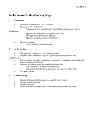 Page 67 of 76
Performance Evaluation Key Steps
1. Preparation
o Collection of performance Data / Evidence
o Encourage active participation
- Ask appraisee to prepare himself / herself before the appraisal (refer to
Guidelines to
Appraisee for preparation of Appraisal Interview)
- Ask appraisee to prepare self appraisal
- Appraisee completes draft Appraisal form
o Mental preparation
- create climate for honest feedback
2. At the meeting
o The supervisor coaches, not criticizes the appraisee
o Compare actual performance against expected performance (Results and
Competencies)
o Discuss reasons for success and agree on reasons why objectives were not achieved
and why problems developed
o Obstacles to reaching goals and problems are identified
- Plans are made to overcome these obstacles
- Both contribute to the development and carrying out of these plans
o New goals are set
3. End of Meeting
o Summarise trends in Performance and ideas for improvement
o Summarise actions agreed
o Reinforce success
o Where possible or desirable, leave subordinate confident about the future
 
