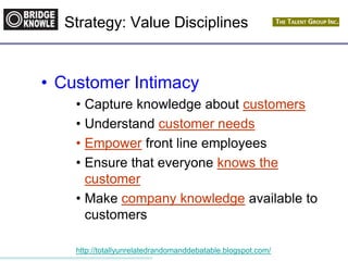 http://totallyunrelatedrandomanddebatable.blogspot.com/
Strategy: Value Disciplines
• Customer Intimacy
• Capture knowledge about customers
• Understand customer needs
• Empower front line employees
• Ensure that everyone knows the
customer
• Make company knowledge available to
customers
 
