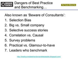 http://totallyunrelatedrandomanddebatable.blogspot.com/
Dangers of Best Practice
and Benchmarking…
Also known as „Beware of Consultants‟:
1. Selection Bias
2. Big vs. Small company
3. Selective success stories
4. Correlation vs. Causal
5. Survey problems
6. Practical vs. Glamour-to-have
7. Leaders who benchmark
 