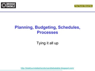 http://totallyunrelatedrandomanddebatable.blogspot.com/
Planning, Budgeting, Schedules,
Processes
Tying it all up
 