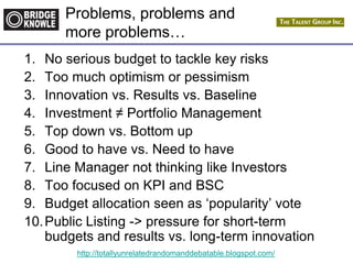 http://totallyunrelatedrandomanddebatable.blogspot.com/
Problems, problems and
more problems…
1. No serious budget to tackle key risks
2. Too much optimism or pessimism
3. Innovation vs. Results vs. Baseline
4. Investment ≠ Portfolio Management
5. Top down vs. Bottom up
6. Good to have vs. Need to have
7. Line Manager not thinking like Investors
8. Too focused on KPI and BSC
9. Budget allocation seen as „popularity‟ vote
10.Public Listing -> pressure for short-term
budgets and results vs. long-term innovation
 