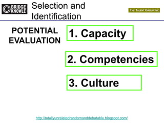 http://totallyunrelatedrandomanddebatable.blogspot.com/
Selection and
Identification
POTENTIAL
EVALUATION
1. Capacity
2. Competencies
3. Culture
 
