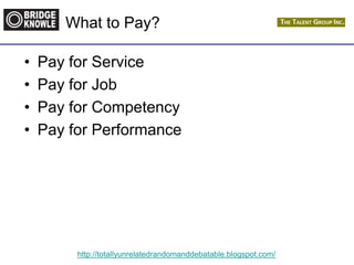 http://totallyunrelatedrandomanddebatable.blogspot.com/
What to Pay?
• Pay for Service
• Pay for Job
• Pay for Competency
• Pay for Performance
 