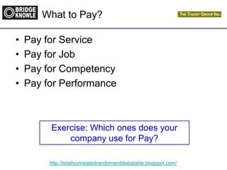 http://totallyunrelatedrandomanddebatable.blogspot.com/
What to Pay?
• Pay for Service
• Pay for Job
• Pay for Competency
• Pay for Performance
Exercise: Which ones does your
company use for Pay?
 