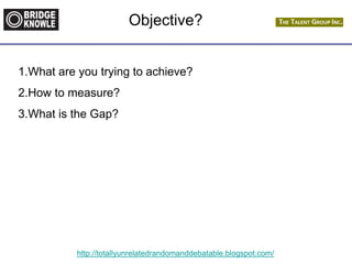 http://totallyunrelatedrandomanddebatable.blogspot.com/
Objective?
1.What are you trying to achieve?
2.How to measure?
3.What is the Gap?
 
