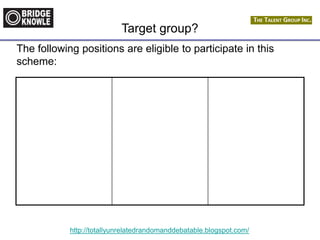 http://totallyunrelatedrandomanddebatable.blogspot.com/
Target group?
The following positions are eligible to participate in this
scheme:
 