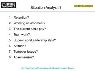 http://totallyunrelatedrandomanddebatable.blogspot.com/
Situation Analysis?
1. Retention?
2. Working environment?
3. The current basic pay?
4. Teamwork?
5. Supervision/Leadership style?
6. Attitude?
7. Turnover issues?
8. Absenteeism?
 