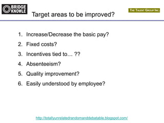 http://totallyunrelatedrandomanddebatable.blogspot.com/
Target areas to be improved?
1. Increase/Decrease the basic pay?
2. Fixed costs?
3. Incentives tied to… ??
4. Absenteeism?
5. Quality improvement?
6. Easily understood by employee?
 