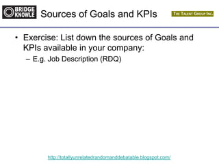 http://totallyunrelatedrandomanddebatable.blogspot.com/
Sources of Goals and KPIs
• Exercise: List down the sources of Goals and
KPIs available in your company:
– E.g. Job Description (RDQ)
 