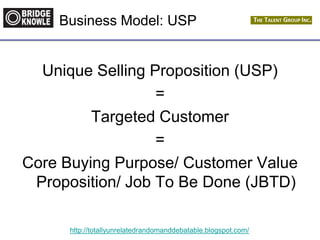 http://totallyunrelatedrandomanddebatable.blogspot.com/
Business Model: USP
Unique Selling Proposition (USP)
=
Targeted Customer
=
Core Buying Purpose/ Customer Value
Proposition/ Job To Be Done (JBTD)
 