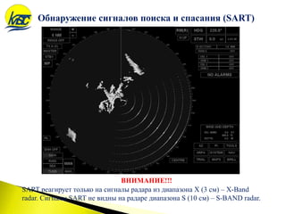 Обнаружение сигналов поиска и спасания (SART)
SART реагирует только на сигналы радара из диапазона X (3 см) – X-Band
radar. Сигналы SART не видны на радаре диапазона S (10 см) – S-BAND radar.
ВНИМАНИЕ!!!
 