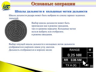 Шкалы дальности и кольцевые метки дальности
Выбор текущей шкалы дальности и кольцевых меток дальности
отображается в верхнем левом углу дисплея.
Дальность отображается в морских милях
Шкала дальности радара может быть выбрана из списка заранее заданных
значений.
Выбор шкалы дальности может быть
произведен как в режиме ожидания,
так и в режиме передачи. Кольцевые метки
нельзя выбрать или отобразить
в режиме ожидания.
Основные операции
 