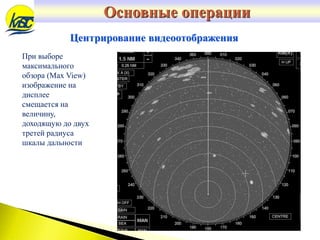 При выборе
максимального
обзора (Max View)
изображение на
дисплее
смещается на
величину,
доходящую до двух
третей радиуса
шкалы дальности
Основные операции
Центрирование видеоотображения
 