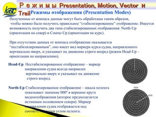 Режимы отображения (Presentation Modes)
Полученные от компаса данные могут быть обработаны таким образом,
чтобы можно было получить правильное “стабилизированное” отображение. Имеется
возможность получить два типа стабилизированных отображения: North-Up
(ориентация на север) и Course-Up (ориентация на курс).
При отсутствии данных от компаса отображение оказывается
“нестабилизированным”, оно имеет вид маркера курса судна, направленного
вертикально вверх, и указывает на движение строго вперед (режим Head-Up –
ориентация по направлению).
Head-Up Нестабилизированное отображение – маркер
направления судна всегда направлен
вертикально вверх и указывает на движение
строго вперед.
North-Up Стабилизированное отображение – шкала пеленга
показывает значение 000º в вершине круга
видеоотображения (которое предполагается
истинным положением севера). Маркер
направления судна отображается под
соответствующим углом пеленга.
Режимы Presentation, Motion, Vector и
Trail
 
