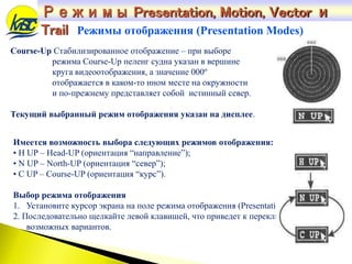 Course-Up Стабилизированное отображение – при выборе
режима Course-Up пеленг судна указан в вершине
круга видеоотображения, а значение 000º
отображается в каком-то ином месте на окружности
и по-прежнему представляет собой истинный север.
Текущий выбранный режим отображения указан на дисплее.
Имеется возможность выбора следующих режимов отображения:
• H UP – Head-UP (ориентация “направление”);
• N UP – North-UP (ориентация “север”);
• C UP – Course-UP (ориентация “курс”).
Выбор режима отображения
1. Установите курсор экрана на поле режима отображения (Presentation).
2. Последовательно щелкайте левой клавишей, что приведет к переключению
возможных вариантов.
Режимы отображения (Presentation Modes)
Режимы Presentation, Motion, Vector и
Trail
 