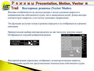 Векторы отображаются на дисплее радара с целью указания скорости и
направления как собственного судна, так и движущихся целей. Длина вектора
соответствует скорости, а его пеленг указывает направление.
Эта функция доступна только в режиме передачи и не отображается в режиме
ожидания.
Прямоугольник выбора вектора разделен на две части (см. рисунок ниже).
Отображается текущий выбранный режим.
Векторный режим определяет, отображает ли вектор истинные скорость
и направление целей или представленные относительно собственного судна.
Векторные режимы (Vector Modes)
Режимы Presentation, Motion, Vector и
Trail
 