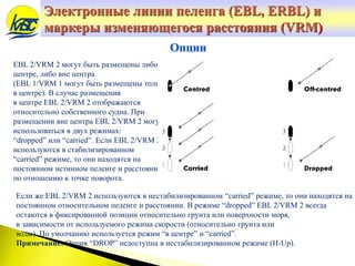 Электронные линии пеленга (EBL, ERBL) и
маркеры изменяющегося расстояния (VRM)
EBL 2/VRM 2 могут быть размещены либо в
центре, либо вне центра
(EBL 1/VRM 1 могут быть размещены только
в центре). В случае размещения
в центре EBL 2/VRM 2 отображаются
относительно собственного судна. При
размещении вне центра EBL 2/VRM 2 могут
использоваться в двух режимах:
“dropped” или “carried”. Если EBL 2/VRM 2
используются в стабилизированном
“carried” режиме, то они находятся на
постоянном истинном пеленге и расстоянии
по отношению к точке поворота.
Опции
Если же EBL 2/VRM 2 используются в нестабилизированном “carried” режиме, то они находятся на
постоянном относительном пеленге и расстоянии. В режиме “dropped” EBL 2/VRM 2 всегда
остаются в фиксированной позиции относительно грунта или поверхности моря,
в зависимости от используемого режима скорости (относительно грунта или
воды). По умолчанию используется режим “в центре” и “carried”.
Примечание: Опция “DROP” недоступна в нестабилизированном режиме (H-Up).
 