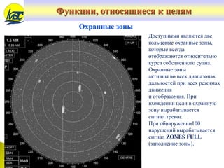 Охранные зоны
Доступными являются две
кольцевые охранные зоны,
которые всегда
отображаются относительно
курса собственного судна.
Охранные зоны
активны во всех диапазонах
дальностей при всех режимах
движения
и отображения. При
вхождении цели в охранную
зону вырабатывается
сигнал тревог.
При обнаружении100
нарушений вырабатывается
сигнал ZONES FULL
(заполнение зоны).
Функции, относящиеся к целям
 