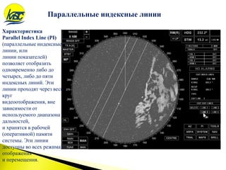 Параллельные индексные линии
Характеристика
Parallel Index Line (PI)
(параллельные индексные
линии, или
линии показателей)
позволяет отобразить
одновременно либо до
четырех, либо до пяти
индексных линий. Эти
линии проходят через весь
круг
видеоотображения, вне
зависимости от
используемого диапазона
дальностей,
и хранятся в рабочей
(оперативной) памяти
системы. Эти линии
доступны во всех режимах
отображения
и перемещения.
 