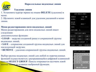 Удаление линии
1. Установите курсор экрана на опцию DELETE (удаление) в
меню.
2. Щелкните левой клавишей для удаления указанной в меню
линии.
Меню редактирования пяти индексных линий
Меню редактирования для пяти индексных линий имеет
следующие
дополнительные функции:
• LOAD – загрузка созданной ранее и сохраненной группы
индексных линий;
• SAVE – сохранение созданной группы индексных линий для
последующей загрузки;
• REMOVE – удаление сохраненной группы индексных линий.
Выбор группы индексных линий для любой из перечисленных
функций осуществляется с раскрывающейся цифровой клавишной
панели SELECT GROUP. Панель открывается щелчком левой
кнопки мыши по клавише выбранной функции.
Параллельные индексные линии
 
