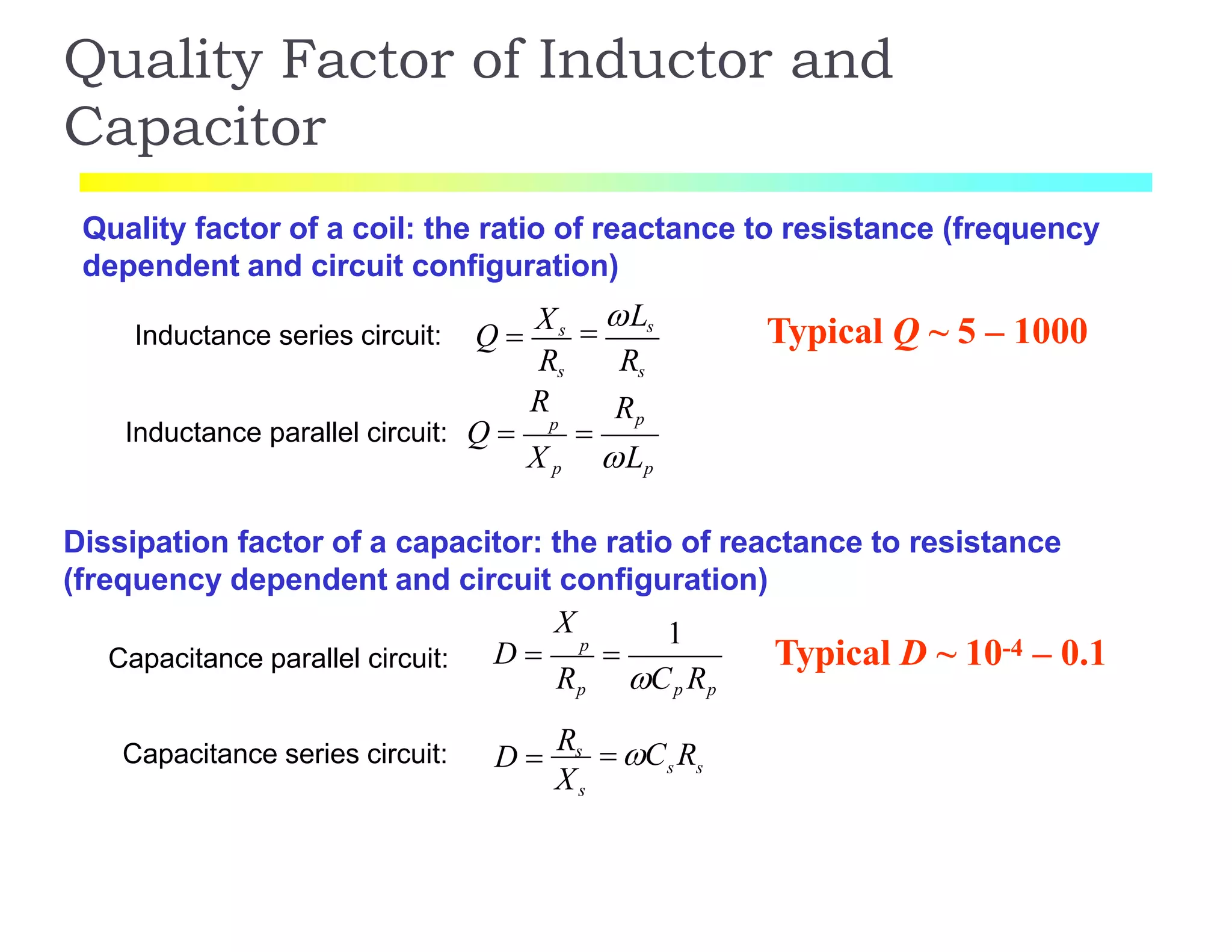 Quality Factor of Inductor and
Capacitor
Inductance series circuit: Q 
Xs 
Ls
Quality factor of a coil: the ratio of reactance to resistance (frequency
dependent and circuit configuration)
Typical D ~ 10-4 – 0.1
Typical Q ~ 5 – 1000
Rs Rs
Rp
X p Lp
R
Inductance parallel circuit: Q  p

Dissipation factor of a capacitor: the ratio of reactance to resistance
(frequency dependent and circuit configuration)
Capacitance parallel circuit:
Capacitance series circuit:
1X
D  p

s s
Xs
Rp Cp Rp
D 
Rs  C R
 