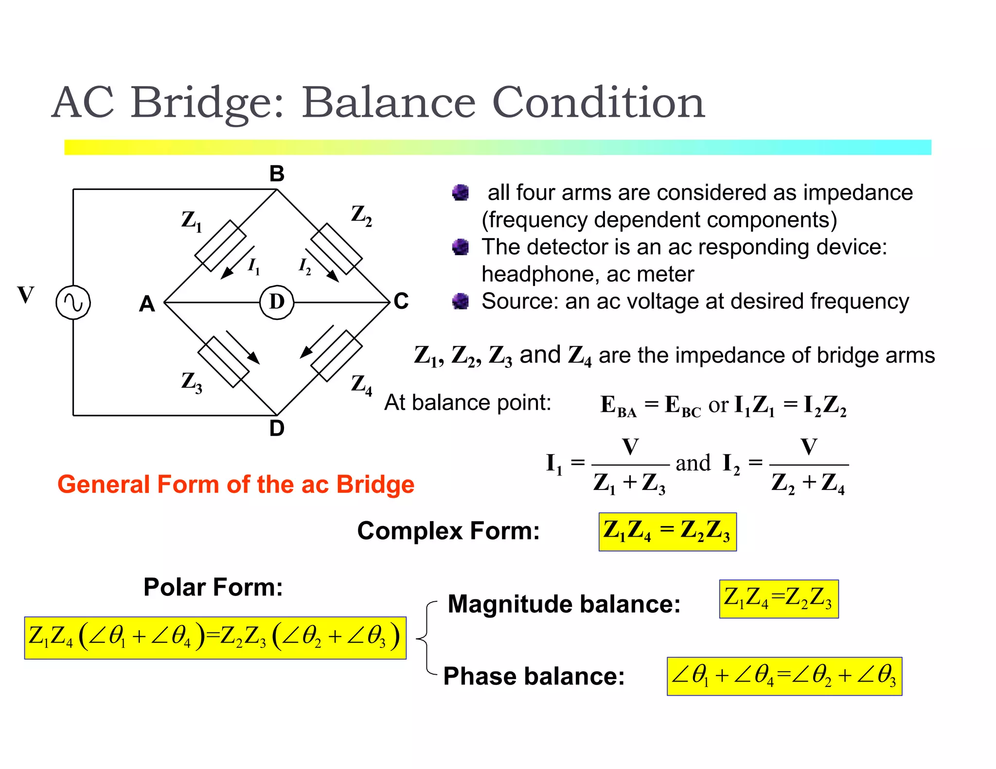 AC Bridge: Balance Condition
D
Z1
Z2
Z4
Z3
A C
D
B
I1 I2
all four arms are considered as impedance
(frequency dependent components)
The detector is an ac responding device:
headphone, ac meter
Source: an ac voltage at desired frequency
Z1, Z2, Z3 and Z4 are the impedance of bridge arms
At balance point: EBA = EBC or I1Z1 = I2Z2
V V
I1 = and I2 =
Z1 + Z3 Z2 + Z4
V
Z1Z4 = Z2Z3
Z1Z4 1  4 =Z2Z3 2  3 
General Form of the ac Bridge
Complex Form:
Polar Form:
Magnitude balance:
Phase balance:
Z1Z4 =Z2Z3
1  4 =2  3
 