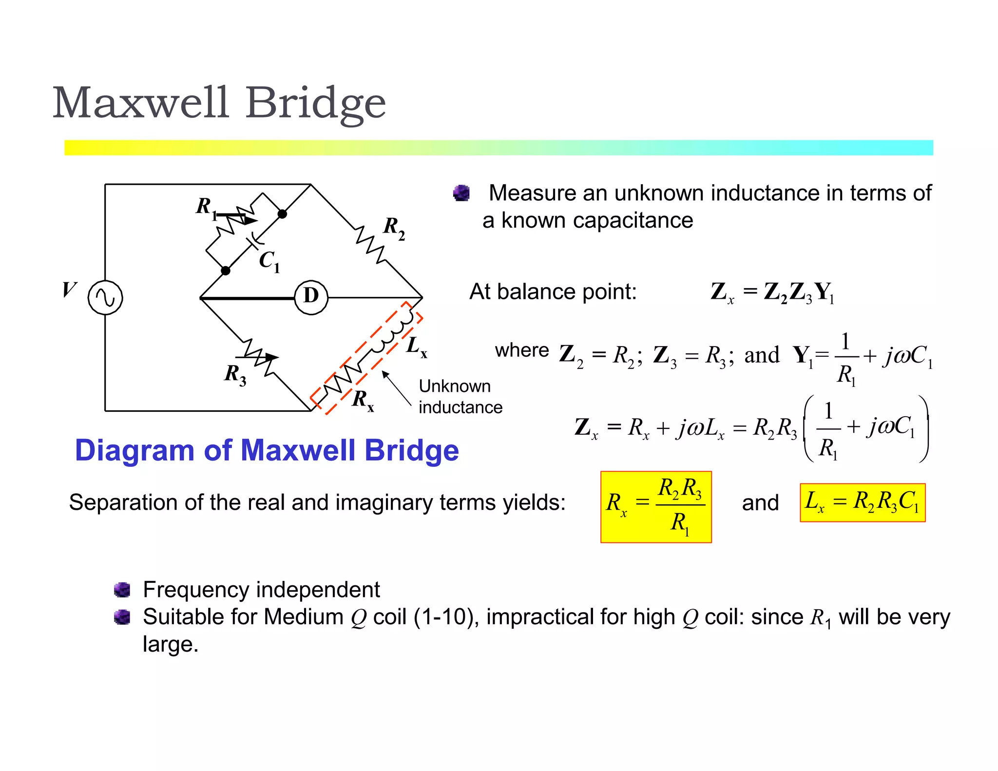 Maxwell Bridge
Measure an unknown inductance in terms of
a known capacitanceR2
R1
R3
Rx
V
C1
D
Lx
Unknown
inductance
At balance point: Zx = Z2Z3Y1
2 2 3 3 1 1
R1
where Z = R ; Z  R ; and Y =
1
 jC
 1 
 R1
 jC1 

Zx = Rx  jLx  R2R3 
1
x
Diagram of Maxwell Bridge
Separation of the real and imaginary terms yields: R
R

R2 R3
Lx  R2 R3C1and
Frequency independent
Suitable for Medium Q coil (1-10), impractical for high Q coil: since R1 will be very
large.
 