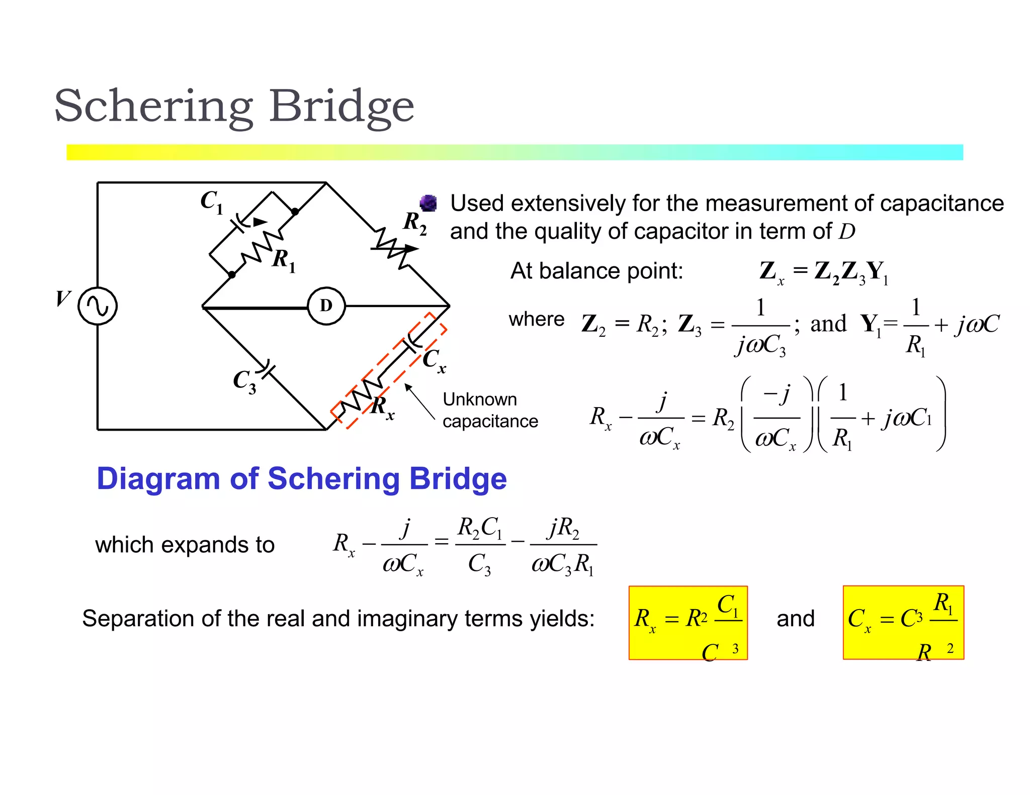 Schering Bridge
Used extensively for the measurement of capacitance
and the quality of capacitor in term of D
D
R2
R1
C1
C3
Rx
V
Cx
Unknown
capacitance
Diagram of Schering Bridge
At balance point: x 2 3 1
where
1
Z = Z Z Y
1 1
R1jC3
 jCZ2 = R2; Z3  ; and Y =
x
j
Cx
R 
  j  1 
 R  jC2   1 
Cx  R1
which expands to x
Cx C3 C3R1
R 
j

R2C1

jR2
Separation of the real and imaginary terms yields:
3
x
2
C
R  R
C1
2
x
R13
R
and C  C
 