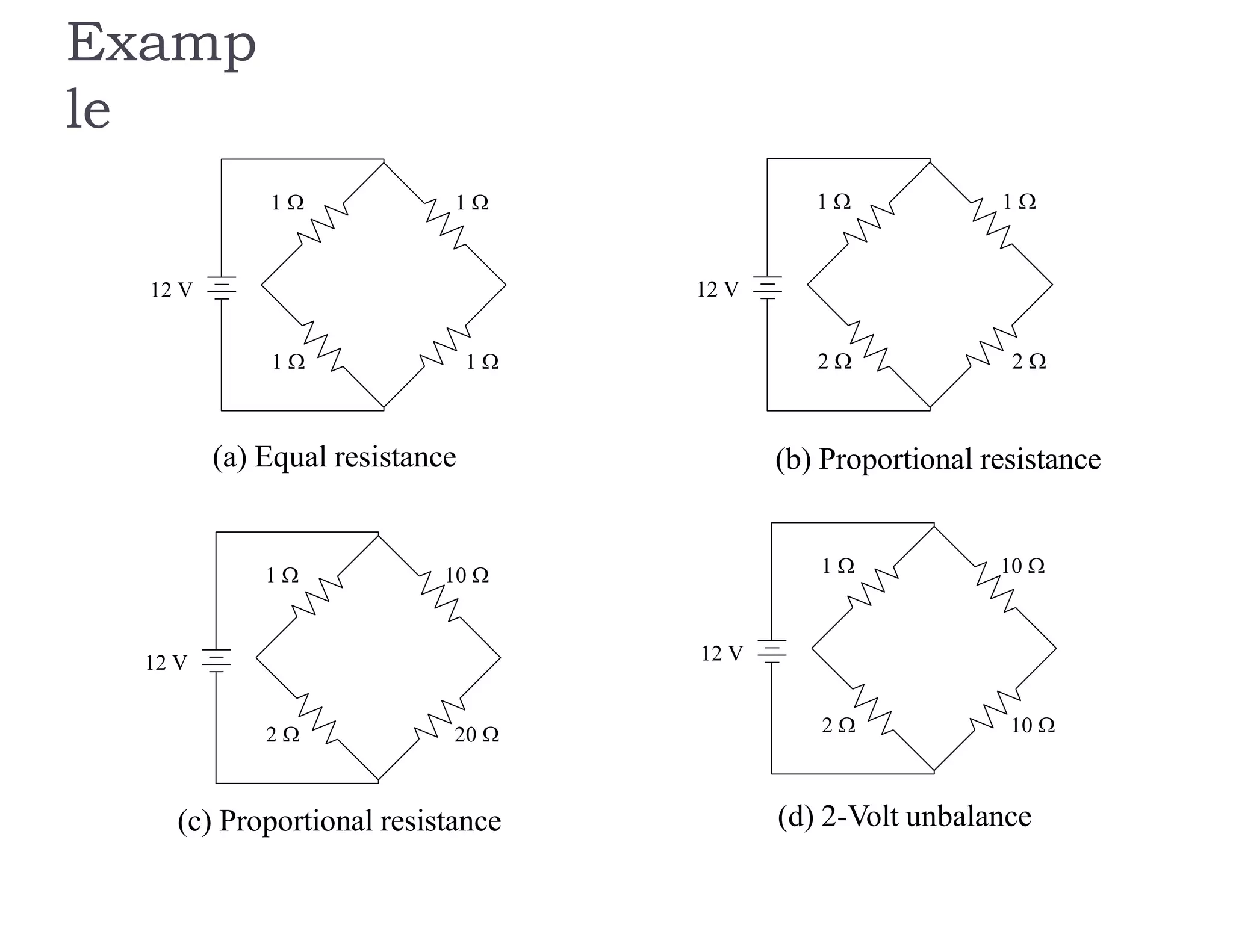  
   
 
12 V
 
   
 
12 V
 
   
 
12 V
 
   
 
12 V
(a) Equal resistance (b) Proportional resistance
(c) Proportional resistance (d) 2-Volt unbalance
Examp
le
 