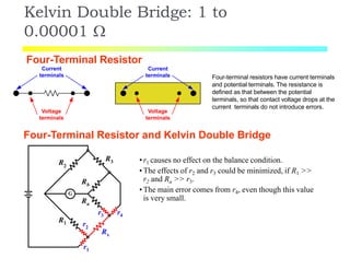 Kelvin Double Bridge: 1 to
0.00001 
Four-Terminal Resistor
Current
terminals
Voltage
terminals
Current
terminals
Voltage
terminals
Four-terminal resistors have current terminals
and potential terminals. The resistance is
defined as that between the potential
terminals, so that contact voltage drops at the
current terminals do not introduce errors.
r4
R3
R1
R2
r1
r2
r3
Rx
Ra
Rb
G
Four-Terminal Resistor and Kelvin Double Bridge
•r1 causes no effect on the balance condition.
•The effects of r2 and r3 could be minimized, if R1 >>
r2 and Ra >> r3.
•The main error comes from r4, even though this value
is very small.
 
