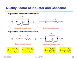 Quality Factor of Inductor and Capacitor
Equivalent circuit of capacitance
Cp
Parallel equivalent circuit
Equivalent circuit of Inductance
Rp
Series equivalent circuit
Rs
Cs
Rs Xs
R2
 X 2
R2
 X 2
Rp  s s
X p  s s
Series equivalent circuit Parallel equivalent circuit
Rs
Ls
Lp
Rp
p p
s
R X 2
R 
R2
 X 2
p p
p p
s
X R2
X 
R2
 X 2
p p
3/6/2024 kvs_NITW 25
 