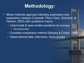 Methodology:
• Mixed methods approach blending exploratory and
  explanatory designs (Creswell, Plano Clark, Gutmann, &
  Hanson, 2003) with qualitative inquiry
   – Likert-scale & open-ended questions on surveys
      • Surveymonkey
   – Constant-comparison method (Strauss & Corbin, 1990)
   – Observational data, interviews, focus groups
 