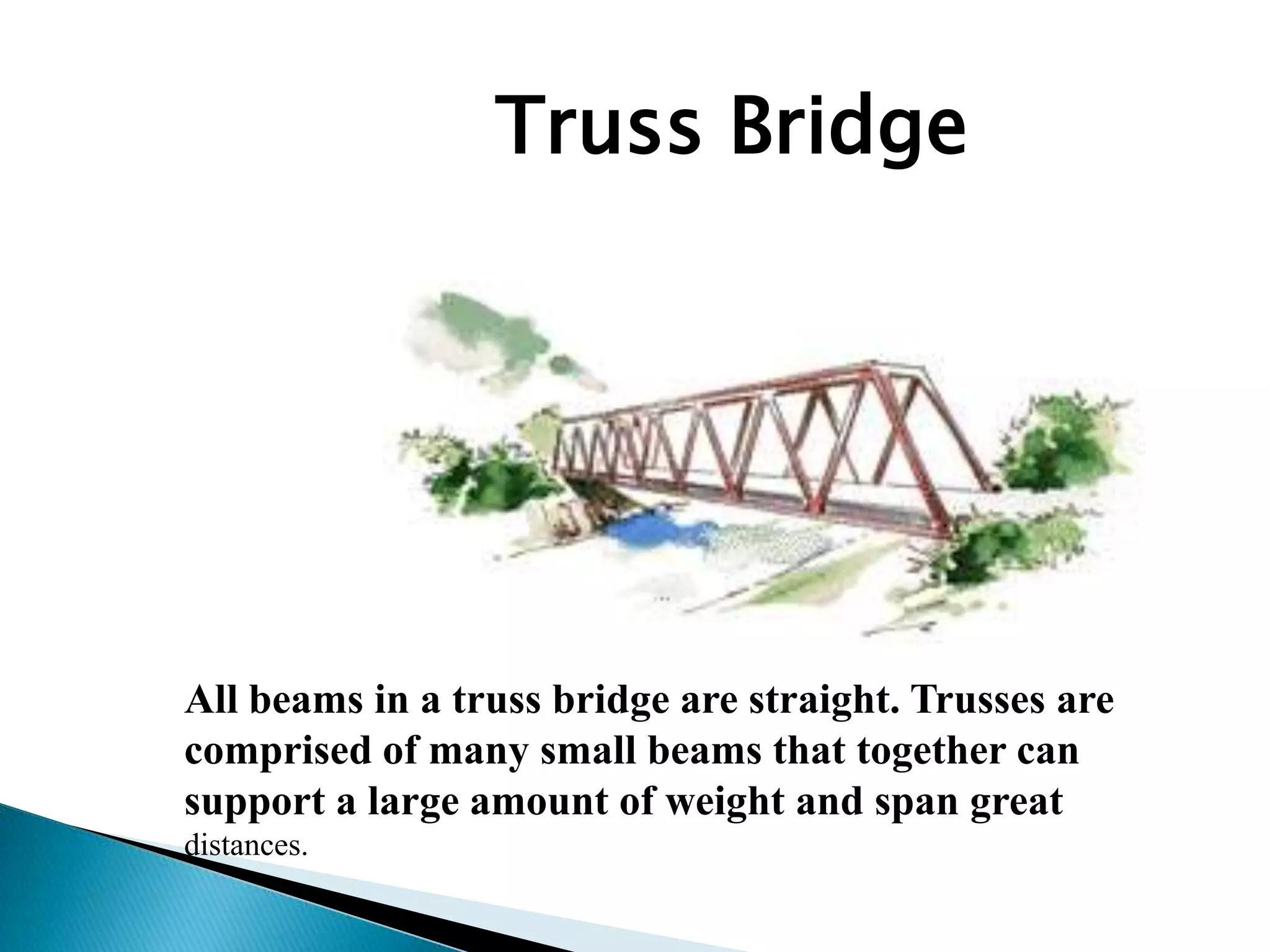 Truss Bridge
All beams in a truss bridge are straight. Trusses are
comprised of many small beams that together can
support a large amount of weight and span great
distances.
 