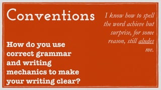 Conventions
How do you use
correct grammar
and writing
mechanics to make
your writing clear?
I know how to spell
the word ...
