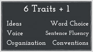 6 Traits + 1
Ideas
Voice Sentence Fluency
Word Choice
Organization Conventions
 